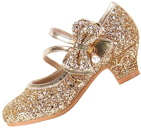 EIGHT KM Girls High Heel Dress Shoes Mary Jane Wedding Party Pump Princess Shoes EKM7035 Sparkle Glitter Pearl Crystal Gold UK Big Kid Size 2
