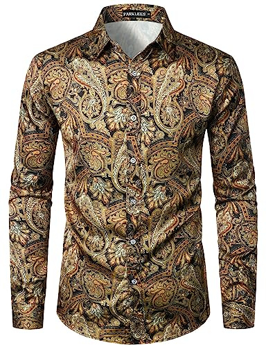 PARKLEES Chemises pour homme Hipster en soie imprimée, coupe ajustée, manches longues, boutonnées en satin, M