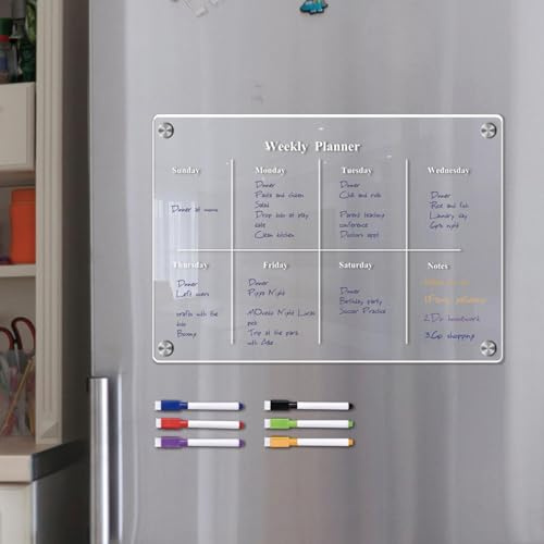 TONGFENG Calendrier Magnetique Frigo | Acrylique Tableau Planning Hebdomadaire Frigo Magnétique | Tableau Magnetique Frigo Transparent Effacable avec 6 Marqueur Stylos pour Maison Bureau