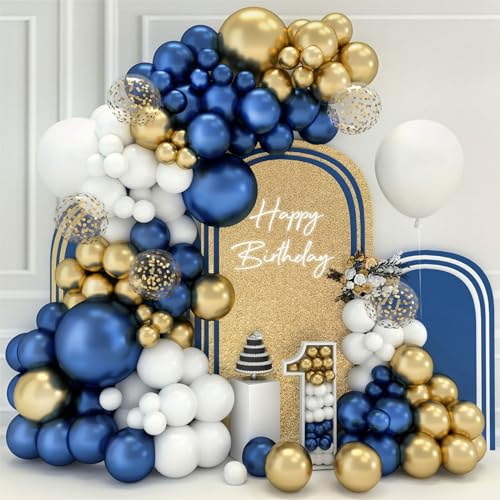 Kit Arco Globos Azules y Dorados,102Pcs Azules Globos De Cumpleaños Con Globos Oro Metálico Blancos Azul Marino,18 12 10 5 Pulgadas Balloon Para Decoración Cumpleaños Baby Shower Bautizo