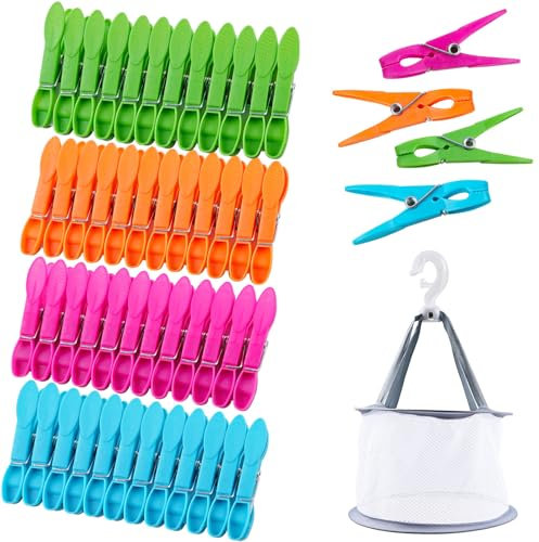 48 Pièces Pinces à Linge Multicolores en Plastique, Pince a Linge Solide, Pinces à Linge antidérapantes, Épingles à Linge Clip de Brise-Vent, Pinces Serviette Plage pour vêtements, Chaussettes
