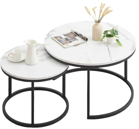 Ginhow Marmor Optik Couchtisch Runder Schwarz - 2er Set Satztisch, Modern Wohnzimmertisch und Beistelltisch für Wohnzimmer, 70x45H cm & 50x35H cm (Weiß und Schwarz)