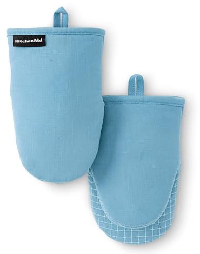 KITCHENAID Gourmet Series Gridlines Mini Oven Mitts 2-Pack Set, Heat Resistant up to 600°F, Soft Silicone Grip, Magnetic Cuff, Blue Velvet, 5.5x9