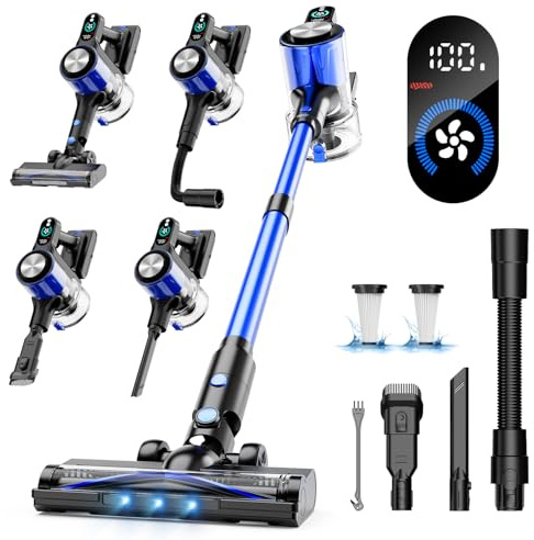 Aspirateur Balai sans Fil, 53KPa/60Mins/500W Aspirateur sans Fil Puissant, Écran LED, 3 Niveaux, Brosse Anti-Emmêlement, Télescopique Léger Aspirateur Balai pour Tapis, Poils Animaux et Sol Dur