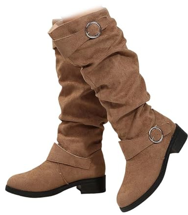Botas hasta la rodilla arrugadas para mujer con correas de hebilla, botas planas altas y holgadas para mujer, zapatos de combate de tacón plano, Khaki, 36 EU