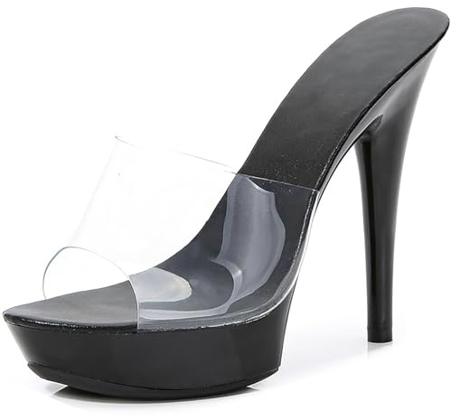 WVBVLO Women Clear Strap Fish Mouth Platform Sky High Heel Sexy Party Slides Fashion Transparent Open Toe 5.11in High Heeled Backless Prom Sandals For Evening Wedding (Black,9)