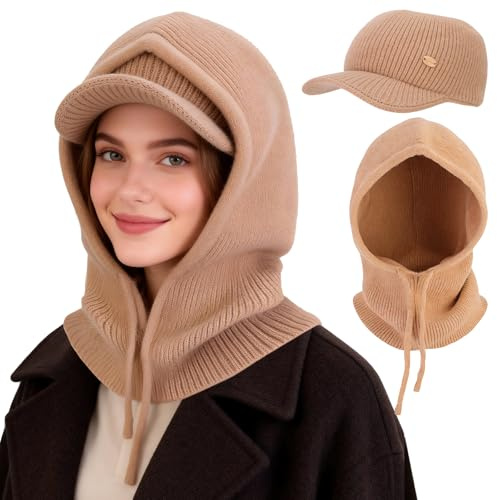 AYPOW Donna Inverno Termico Cappelli in Maglia e Sciarpe, 2 in 1 Caldo Antivento Regolabile Passamontagna con Scaldacollo, Moda Cappello con Visiera Cappuccio Berretto per Sport all'Aria Aperta
