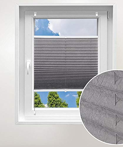 Laneetal Plissee ohne Bohren Klemmfix, Jalousie Faltrollo Crushed Optik, Grau 80 x 100 cm, mit Spannschue für Fenster und Tür, Easyfix klemmträger und verspannt, Sonnen-, Sicht- & Schallschutz
