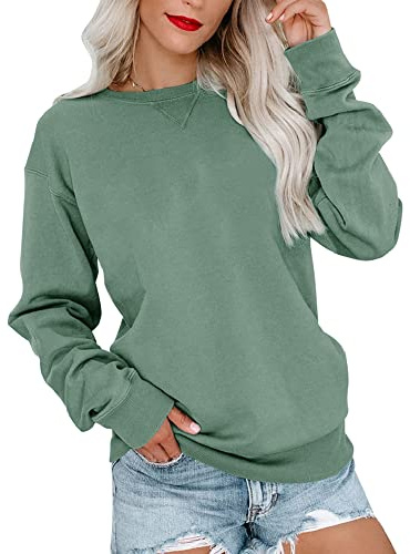 Bingerlily Womens Casual Long Sleeve Sweatshirt Crew Neck Cute Pullover Relaxed Fit Tops (Green,Medium)