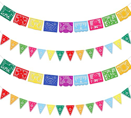 Qpout Mexican Themed Felt Banners Filz Dia De Los Muertos Girlande Bunte mexikanische Fiesta Papel Picado Banner für Fiesta Geburtstag Baby Shower Party Dekorationen Indoor Outdoor Decor Flag
