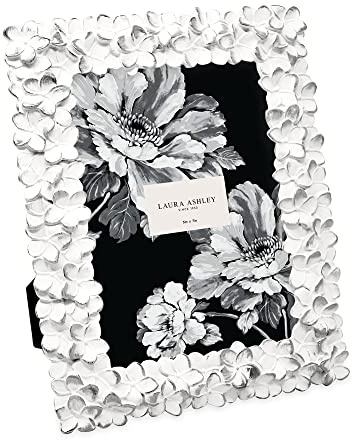 Laura Ashley Marco de fotos de resina hecho a mano con textura de flores blancas y plateadas de 5 x 7 pulgadas, con caballete y gancho para mesa y pared, diseño floral decorativo para decoración del