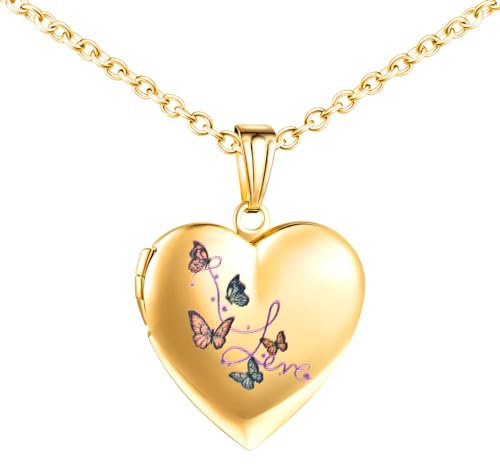 INFINIONLY Damen Mädchen Herz Medaillons Halskette Mode Edelstahl Ketten mit Bunter Schmetterling Souvenir Anhänger Personalisierte Foto Kette, Gold