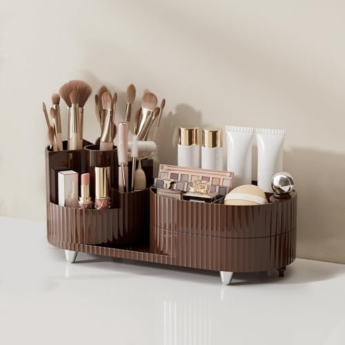 MUUKAIII Kosmetik Make up Organizer, 360° Drehbares Schminktisch Pinsel Organizer, Multifunktionale Kosmetikaufbewahrung für Kommode, Schlafzimmer, Badezimmer - Braun
