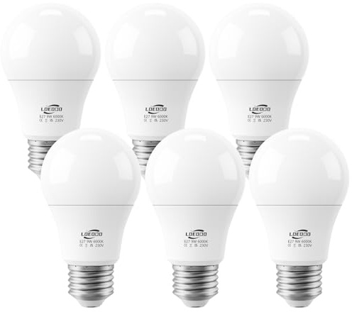LOEODO E27 Screw LED Bulb, 9W=60W, 6000K Cool White, 806LM, Pack of 6 | ES A60 LED Bulbs, Large Edison Screw in Light Bulb, Save Energy, Non-Dimmable, No Flicker