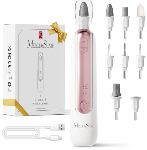 MelodySusie ponceuse pour ongles PC760G , Kit Manucure Pédicure avec 8 Embouts & Lumière LED 360°, 5 Vitesses Réglables, Rechargeable Sans Fil pour Soins à Domicile (Blanc&Rose)