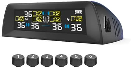 Avutrel TPMS Sistema di Monitoraggio,della Pressione degli Pneumatici per Autocarri, Camper, Pullman,6 Sensori Ruote, 5 modalità Allarme, Ricarica Solare/USB(Ultima Versione)
