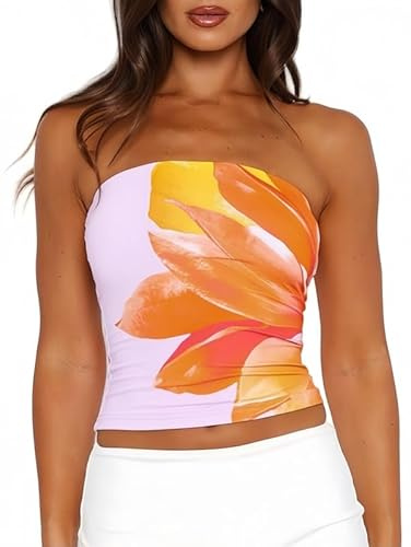 Sukiglam Ärmlös T-shirt för kvinnor sommar Bandeau blommor T-shirts axelbandslös korta tubtoppar fest sexig Y2k rygglös blus ledig linne skjorta bar axel, Orange, vit blomma, S
