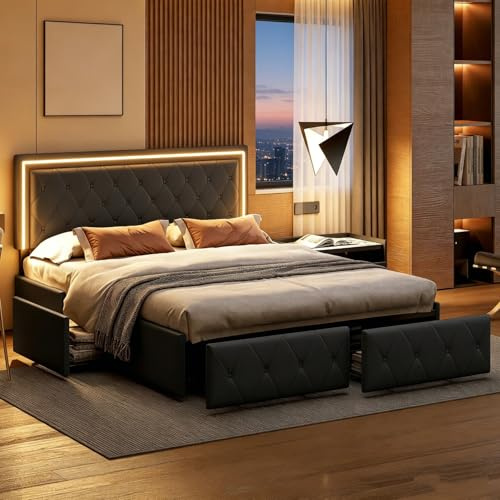 BRILVERDE Cama tapizada 140x200 con Almacenamiento, LED, Cama Doble con cabecero Ajustable, con 4 cajones, Cama Juvenil con Base de Láminas, para Adultos, PU (Negro, 140 x 200 cm)
