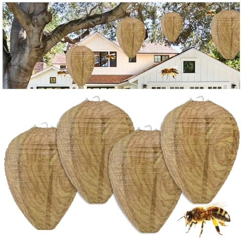 4 Packs Wasp Traps Killer Repellent, Paper Wasp Nest Decoy, Fake Hornets Bee Yellow Jackets Nest Outdoor Hanging Waspinator for Patio, Yard and Garden