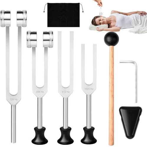 Diapasón, Diapasones Terapéuticos de Aleación de Aluminio(128Hz/256Hz/512Hz/1024Hz) Diapason Musical con Martillo de Silicona y Herramienta de Reparación para Sonido Curación ADN RelajacióN