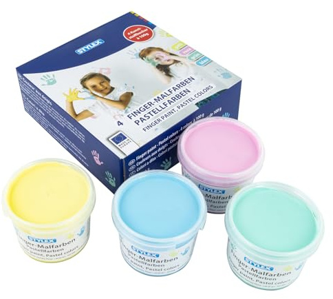 Stylex 28953 - Fingerfarben für Kinder, 4 x 100 ml in Gelb, Pink, Blau Grün, Fingerfarbe in Pastellfarben, leicht abwaschbar, für Kindergarten, Grundschule und Freizeit