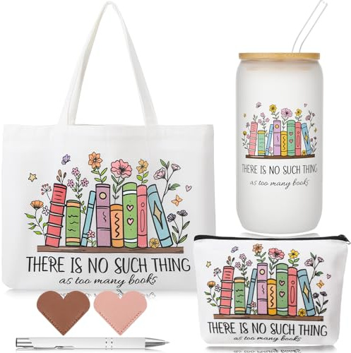 saerryor Book Lovers Gift Set,16 oz Glass Iced Coffee Cup Tote Bag Makeup Bag and Bookmarks,Bookish Librarians Appreciation Present Retirment Leaving Birthday Gifts for Readers & Bookworms