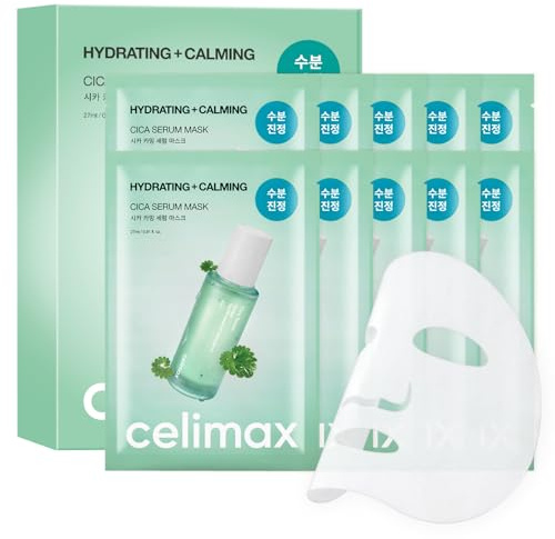 celimax Mascarilla Facial De Tela Coreana The Real Cica Calming Serum Mask (10 Unidades) Con Centella Asiática Y Madecassoside, Para El Cuidado De La Piel, 27 Ml