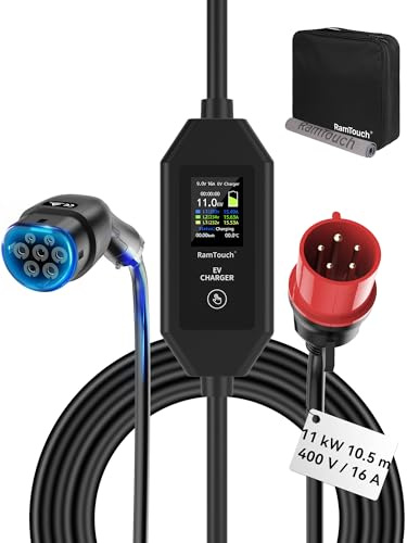 RamTouch Chargeur Voiture Électrique (11 KW, Triphasé, 10,5 m, Fiche CEE P17 16A 5P), Cable VE Type 2 avec Courant Réglable 6–16A, Charge Différée et Programmée, Borne Recharge Mobile pour EV et PHEV