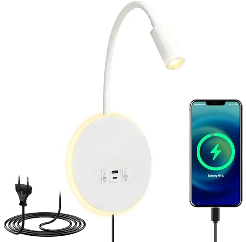 GOMETY Lampe de Lecture Murale, Lampe Blanche à Col de Cygne Pivotant à 360° avec Prise, Chevet à Intensité Variable, Applique Murale LED pour Chambres, Hôtels et Tables de Nuit