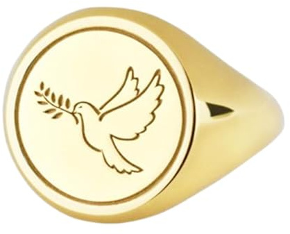 LKBEADS Duva av 925 sterlingsilver med olivkvist | Guldpläterad ring | Sigillring i rund form, 14 x 14 mm | Bandstorlek US 5–12,5 avelaibal | LKDR_0254