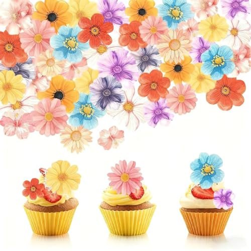 Lot de 60 décorations de gâteau en papier comestible, Fleurs comestibles Naturelles pressées et séchées, pour cupcakes, décorations d'anniversaire jungle, idéales pour les fêtes hawaïennes et les