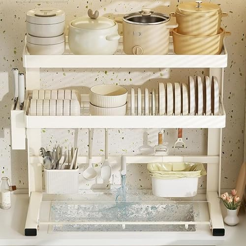 2-vånings diskbänk med vattendeflektor, rostfritt stål avlopp med stor kapacitet, multifunktionell köksorganisation, diskförvaringskorg (82,5 cm)