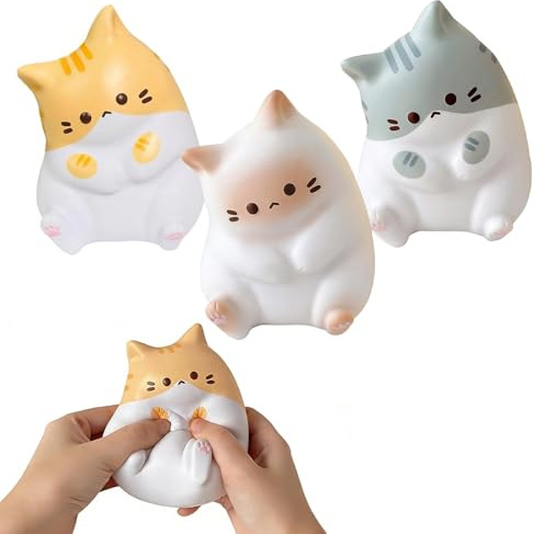 Squishy Chat Balle Anti-Stress Lot de 3, Anti Stress en Silicone , Balle Sensorielle Mignon en Forme de Chat pour et Adultes, Cadeau Relaxant