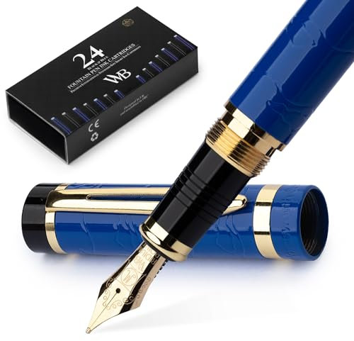 Wordsworth & Black Primori Fountain Pen Set [Blue Gold]; Medium Nib, Gift Case, 24 Ink Cartridges, Refill Converter, Manual; Journaling, Calligraphy, Smooth Writing Pens; Left and Right Handed