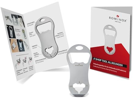 ROMINOX Shop Tool // Allrounder – 8 funzioni, sblocco per carrello della spesa con funzioni aggiuntive, chiavi in acciaio inox, strumento multifunzione, con descrizione delle funzioni