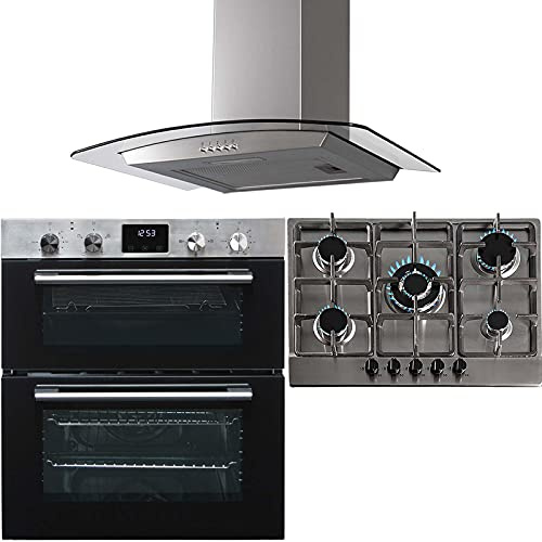 SIA 60cm DO111SS Stainless Steel Double Electric Oven, 70cm SSG601SS 5 Burner Gas Hob With Cast Iron Pan Stands & 70cm CGH70SS Curved Glass Extractor