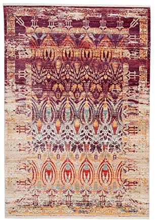 Qiyano Teppich Kurzflor - Marokkanisches Barock-Muster mit Fransen, Vintage, rechteckig, weich - Wohnzimmer, Schlafzimmer, Esszimmer - Farbe: Rot, Beige, Orange, Blau, Größe: 120 x 170 cm
