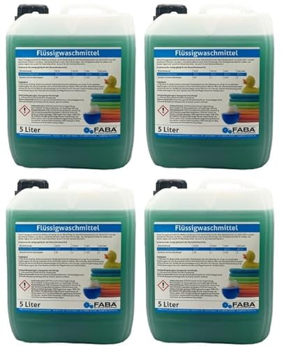 FABA Flüssigwaschmittel Konzentrat 4 x 5 L, grün, frisch angenehm, gratis Auslaufhilfe