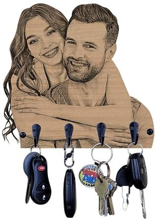 V2G1K2HJ.d Schlüsselanhänger aus Holz mit personalisiertem Foto zur Wanddekoration, mit 4 Haken, rustikaler Schlüsselanhänger für Heimdekoration, vorsonalisierte Geschenke für Familie, Geburtstag