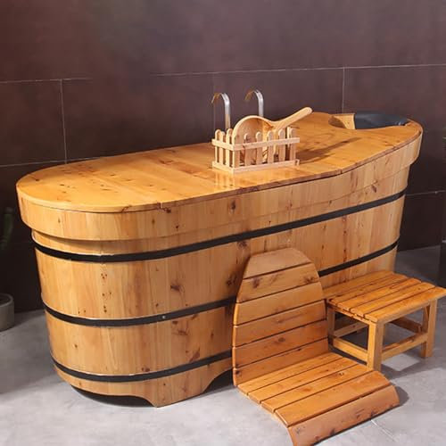 MegLob Mobile Free Standing Wooden Bathtub with Bath Tray, Solid Wood Bathtub Lit, Spa Deep Soaker with Tub Chair, Classic Japanese Body Soaking Barrel with Lid/Pop-Up Drain,150cm/59.05
