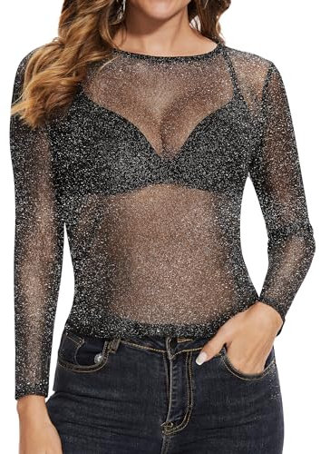 Becellen Mesh Oberteil Damen, Transparentes Glitzer Netzoberteil Schwarz Durchsichtiges Langarmshirt Damen für Club Party