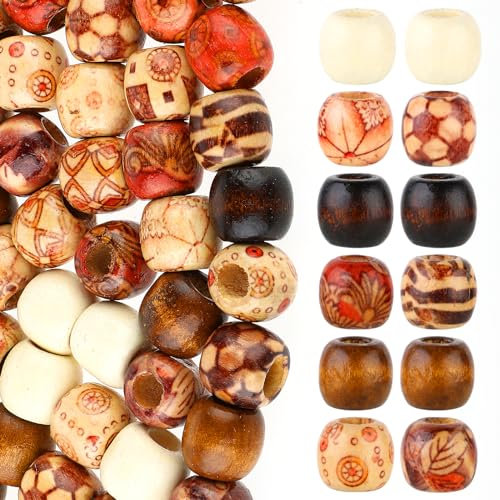 300 Stück Natürliche Holzperlen, 12mm Gedruckte Muster Großes Loch Holzperlen Zum Auffädeln, Nadelstreifen Muster Holz Haar Makramee Perlen für Schmuck Armband Making Haar Zöpfe DIY Handwerk