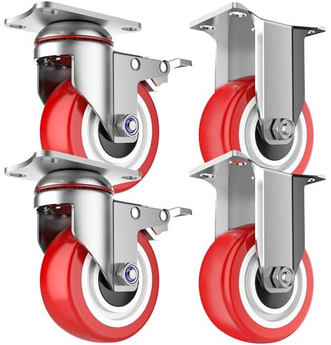 Deutnart 2 Lenkrollen und 2 Bockrollen, 100mm Schwerlastrollen 700kg Tragfähigkeit, Verbesserte Lenkung, Gerade Transportrollen für Wagen Trolley Werkbank (3. Gen. Premium Stahl, Solides Rad)