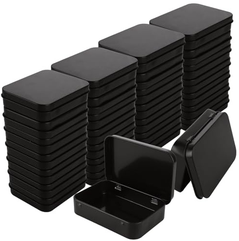 SENENQU 50 Pack Metal Rectangular Empty Hinged Tins - Black Mini Portable Box Containers Small Storage Kit & Home Organizer for Storage Drawing Pin Candies Jewelry Crafts