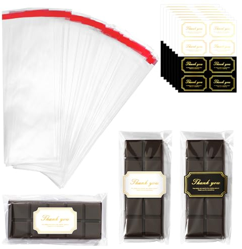 NOVWANG Chocolate Bar Wrappers 300 Piece 2.4 inches x 8.3 inches Clear Plastic Self Adhesive Bags with 300 pieces Thank You Stickers for DIY Chocolate Lovers Small Batched Custom Sweets