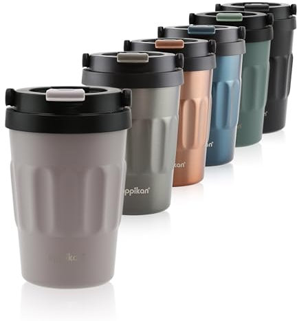 eppikan eppiCafé Edelstahl Thermobecher mit klappbarem Tragegriff - auslaufsicherer Coffee-To-Go-Becher für Kaffee und Tee 400 ml (Matt Taupe)