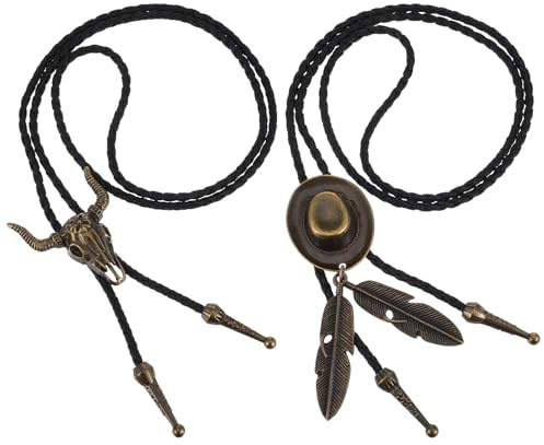 AOZUO Lot de 2 cravates bolo, style western cowboy et cowgirl, en cuir vintage, fait main, avec pendentif en plumes, pour homme et femme (marron)