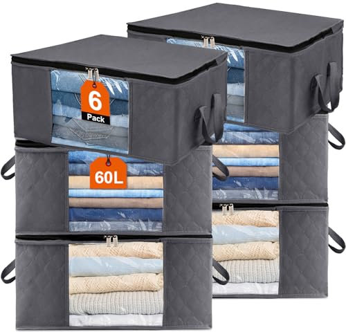 Withosent 6 pezzi, 60 l, grande, organizer per armadio, pieghevole, con manico rinforzato, cerniera stabile per vestiti