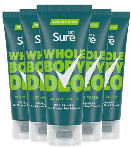 Sure Men Deodorant Cream Active Fresh, Pack of 5, Whole Body Deodorant for Men Aluminium Free Deo Cream with Aromatic Herbal, Citrus and Woody Scent Provides 72-Hour Odour Control, 75 ml