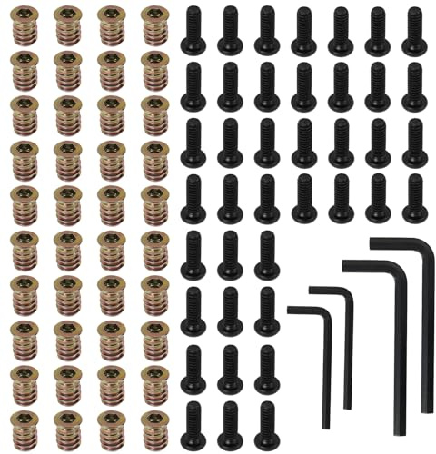 44Pcs Carbon Steel Screw Nut Assortment Kit 1/4 inch 20 Furniture Screws Nut Thread Wood Insert Bolt Fastener Connection High Load Capacity Hex Socket Screw Kit for Table Wood Furniture